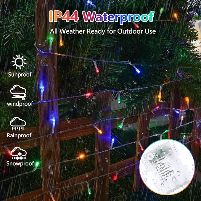 2 Pack Christmas String Lights Battery Operated with Timer, 66FT 200 LED Waterproof Twinkle Lights, 8 Modes Fairy Light for Indoor and Outdoor Bedroom Garland Tree Christmas Decorations (Multicolor)