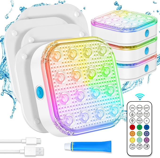 Submersible LED Lights with Remote, Waterproof Underwater LED Light Rechargeable Bettery 16 Color Changing Lamp Magnetic Floating Submersible Lights for Pool Vase Aquarium Decor (Ultra-Thin 4-Set)