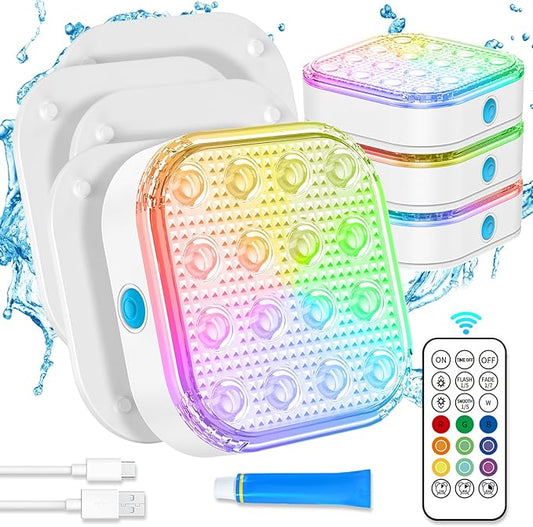 Submersible LED Lights with Remote, Waterproof Underwater LED Light Rechargeable Bettery 16 Color Changing Lamp Magnetic Floating Submersible Lights for Pool Vase Aquarium Decor (Ultra-Thin 4-Set)