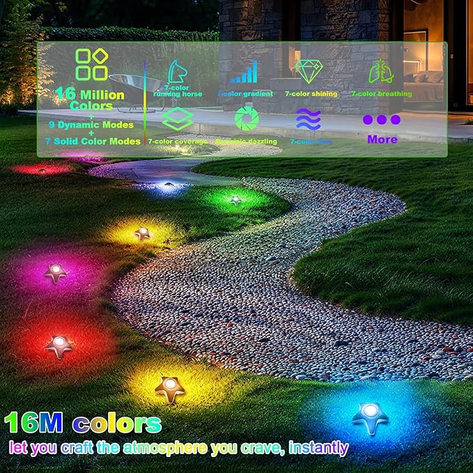 Outdoor Ground & Underwater Pond Lights 47ft - RGB Music Sync, IP68 Waterproof DIY Scene Modes, Works with Alexa Google Assistant, Safe 12V Low-Voltage Path Lights for Garden Patio Pool Wedding Party