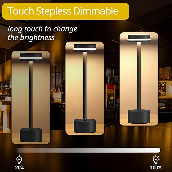 Portable Rechargeable Bedside Lamp, Touch Stepless Dimmable, Cordless Table Lamp for Home, Bedroom, Hotel, Restaurant, Bar, Outdoor, 1 Pack (Black)