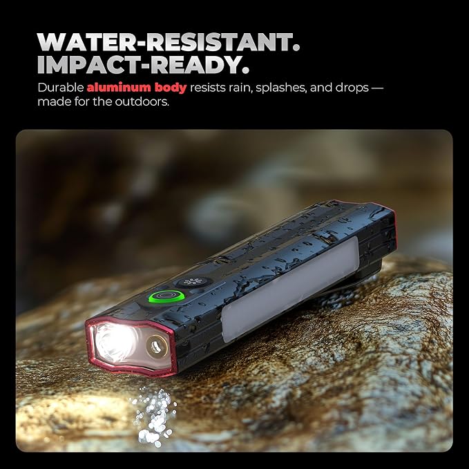 Favourlite Flat Rechargeable Flashlight, 1200 Lumens Magnetic Pocket Work Light with Clip, RGB Side Light & Red Beam, 4 Light Sources for Camping & Emergencies
