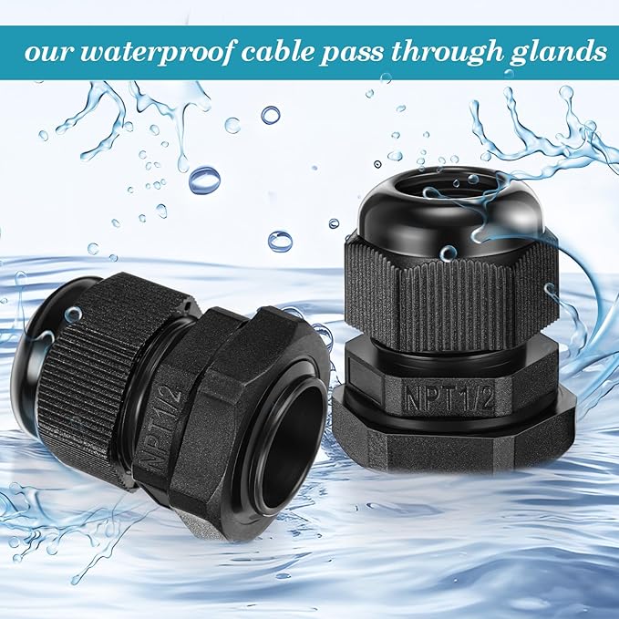 100 Pcs 1/2" NPT Black Nylon Cable Gland, Waterproof IP68 Adjustable Locknut Cable Diameter Waterproof Connectors Black Cord Grip