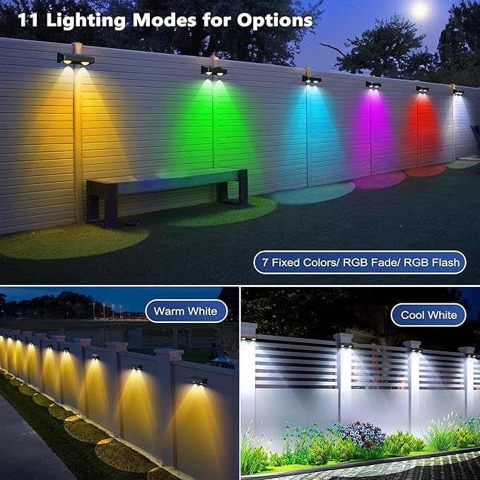 Brizled Solar Fence Lights Outdoor, 8 Pack 9 Colors & 11 Modes - Warm White/Cool White/RGB Color Changing Solar Wall Lights, 100lm IP65 Waterproof Outdoor Lighting for Halloween Railing Wall Fence