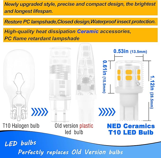 T5 T10 194 921 Wedge Base LED Light Bulbs 3 Watts Equivalent 25W 30W Incandecent Bulbs 2700K Warm White 300lm AC/DC 12-24V for Landscape Stair Step Pathway RV Camper Trailer Lighting, 12 Pack