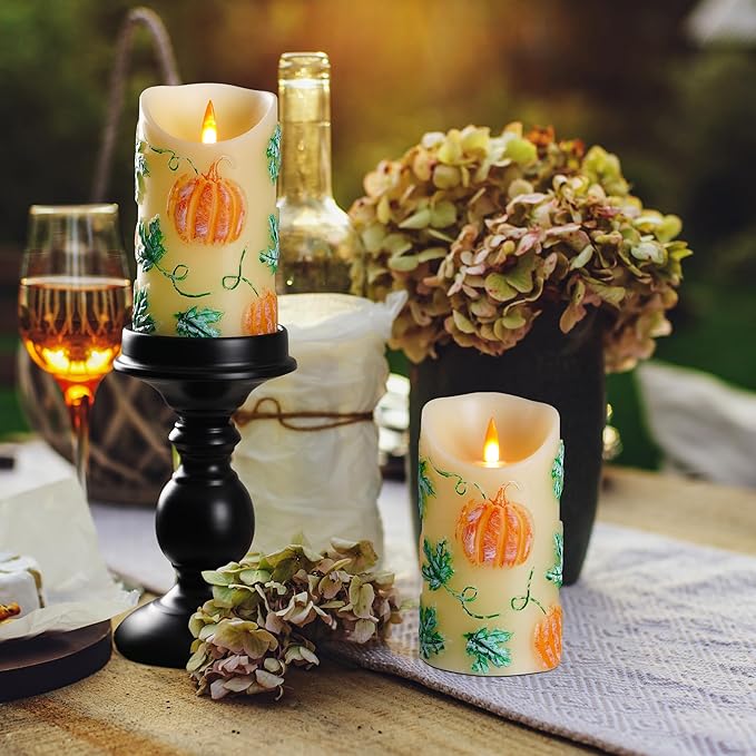 Halloween Pumpkin Flameless LED Candle - Realistic Flickering Flame - Battery Making Candle with Remote Control Timer - Real Wax - Unscented - Home - Holiday Decoration (3"x6")