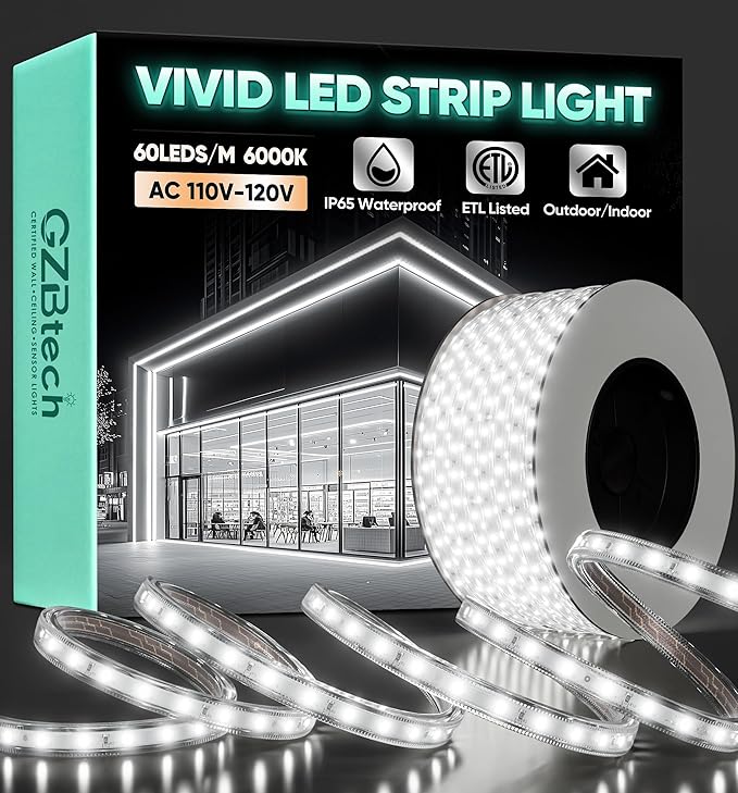 GZBtech AC 110-120V LED Strip Lighting 66FT/20M, 6000K Cool White IP65 Waterproof Outdoor Strip Lights, 60LEDs/M SMD2835 Cuttable & Connectable LED Rope Light for Indoor Outside Exterior, ETL Listed