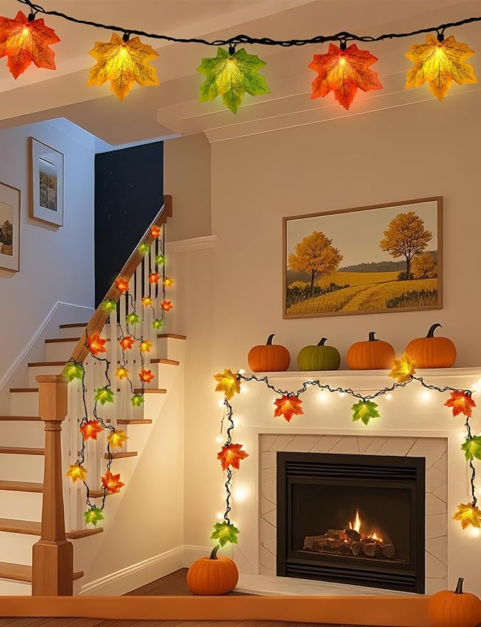 Maple Leaf String Lights Thanksgiving Decorations, Fall Garland Lights String with 35 LED Orange Yellow Green Lights for Connectable Display Indoor Outdoor Fall Decor Halloween Decorations