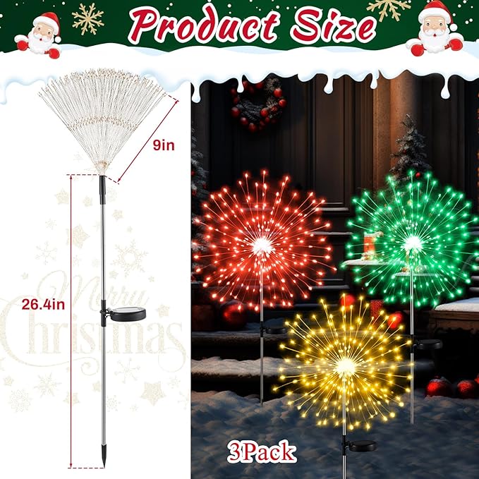 3 Pcs Mardi Gras Solar Firework Lights Solar Lights Outdoor Garden 120 LED 8 Modes Waterproof LED Sparkler Outdoor for Carnival Patio Yard Pathway Walkway (Red,Yellow,Green)