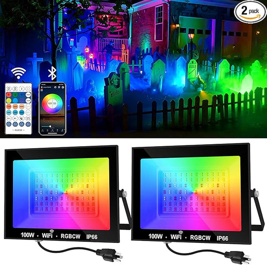RGB LED Flood Light Outdoor 1000W Equivalent, 100W Bluetooth RGBCW Smart Floodlights 2700K, 16 Million Color Changing, Timing, Music Sync, IP66 Waterproof Landscape Light with US Plug (2 Pack)