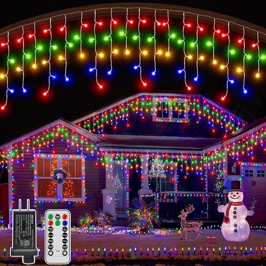 Icicle Lights for Outside, 216LED 24FT Waterproof Christmas Light Outdoor with 8 Modes & Timer, Connectable Christmas Icicle Lights for Eaves House Yard Indoor Outdoor Holiday Decoration(Multicolor)