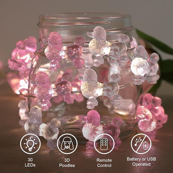 Poodle String Lights USB Power Battery Operated with Remote 10FT 30LEDs Pink Gray Lantern Twinkle Light Ornamental Pet Dog Lovers Gifts for Home Tent Birthday Party Wedding Decorations