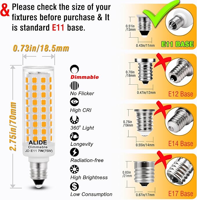 E11 Led Bulbs, JDE11 120V 75W Halogen Candelabra Bulbs Equiva Dimmable,T3 T4 Mini Base JD E11 Bulb, 2700K Warm White 7W 750lm for Chandeliers,Candelabra,Ceiling Fan, Table Cabinet Lighting,4Pack
