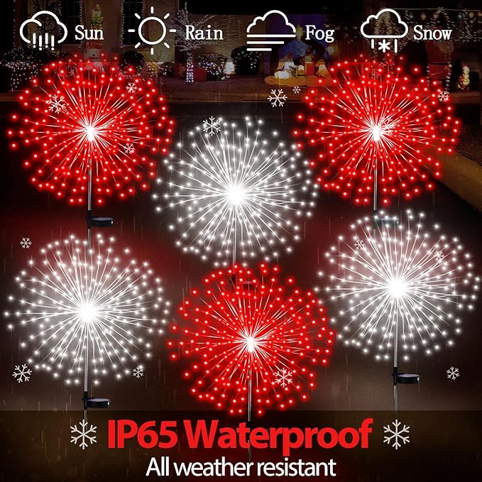 6 Pcs Solar Firework Stake Lights 180 LED 8 Modes Solar Waterproof LED Sparkler Lights Outdoor Decoration for Wedding Mother's Day Garden Patio Yard Pathway Walkway Lawn (Red, White)