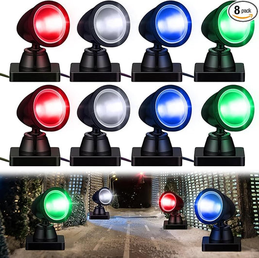 Kingdder 4 in 1 Accessories for Villages Building Light Christmas Village Collection Round Spotlights Battery Operated LED Light with Switch for Christmas Landscape(Multicolored,8 Pcs)