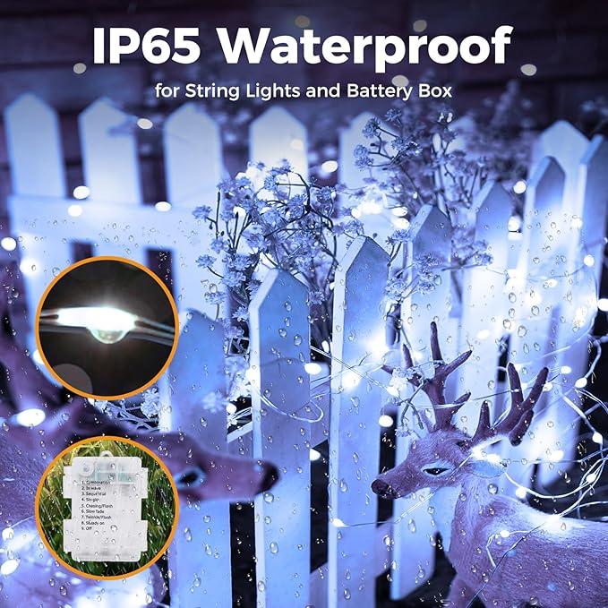 33FT 100LED Fairy String Lights Battery Operated with Remote and Timer, IP65 Waterproof Dimmable Copper Sliver Wire 8 Modes Twinkle Lighting for Indoor Outdoor Bedroom Christmas Decor-Cool White