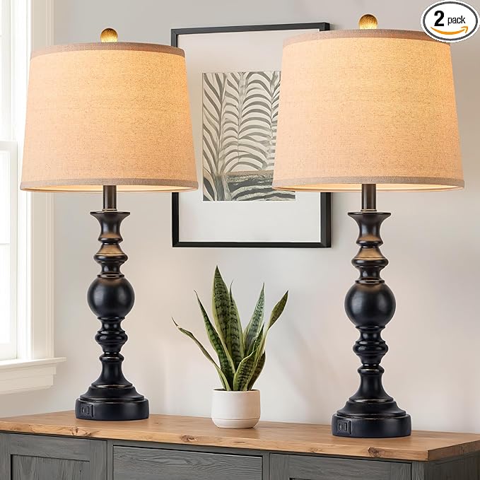 Farmhouse Lamp for Bedroom Set of 2, Table Lamp for Nightstand with Dual USB Charging Ports, 28" Table Lamps for Living Room, Bulb Not Included