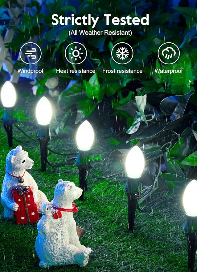 Brightown Frosted C9 LED Christmas Lights Outdoor, 2 Packs Total 51.4Ft Pathway Lights with 40 LED Bulbs and Stakes, Christmas Decorations Outside Driveway Walkway Sidewalk, Pure White