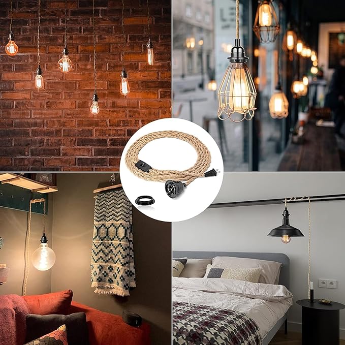 Industrial 15ft Pendant Light Cord -Plug in Hanging Light Fixture, 15FT Farmhouse Pendant Lamp Lights Cord with Switch Cord for Kitchen Island Bedroom Living Room