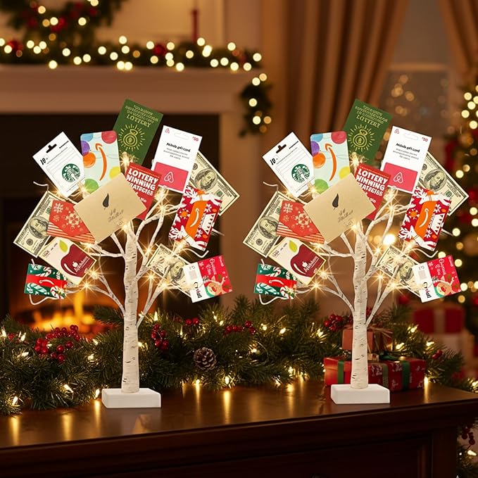 EAMBRITE Money Tree Gift Holder, Gift Card Tree 2FT 24LED, Lighted Birch Trees Battery/USB Powered Timer Photo Display with 12 Clear Clips and 12 Cards for Home Christmas Halloween Picture Memo 2 Pack