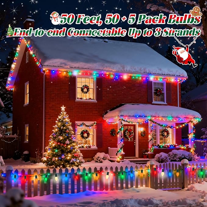 Christmas Decorations - 50 Feet C7 Vintage Christmas Lights Multicolor Christmas Tree Lights Outdoor Christmas String Lights with 50+5 Pack Bulbs for Christmas Tree Home Patio Yard Decor, E12 Base