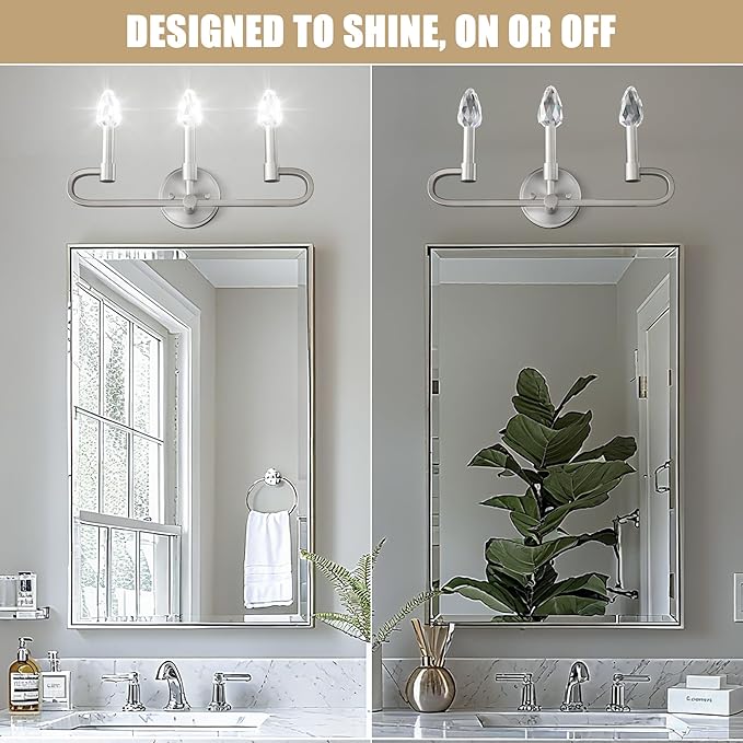 Farmhouse and Modern Bathroom Lighting Fixtures Over Mirror, 3 Light Brushed Nickel Bathroom Vanity Lights, Crystal Bathrooms Wall Sconces(Includes Bulb)
