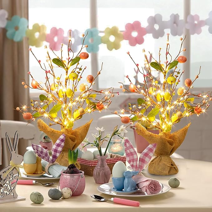 EAMBRITE Easter Decorations Easter Egg Tree with Lights, Lighted Trees Battery Powered, Tabletop Centerpiece Decor with Colorful Egg Ornaments for Home Table Party Spring Decoration (2 Pack)