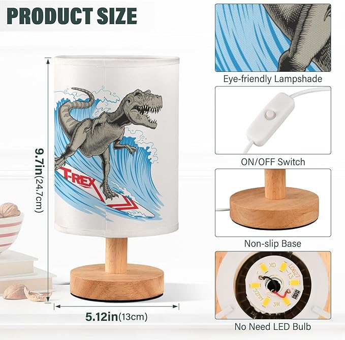 Table Lamp T-rex Dinosaur Surfing Ocean Wave Nightstand Lamp with Wood Base Fabric Lamp Shade Bedside Desk Lamp for Living Room Bedroom Kids Room Office