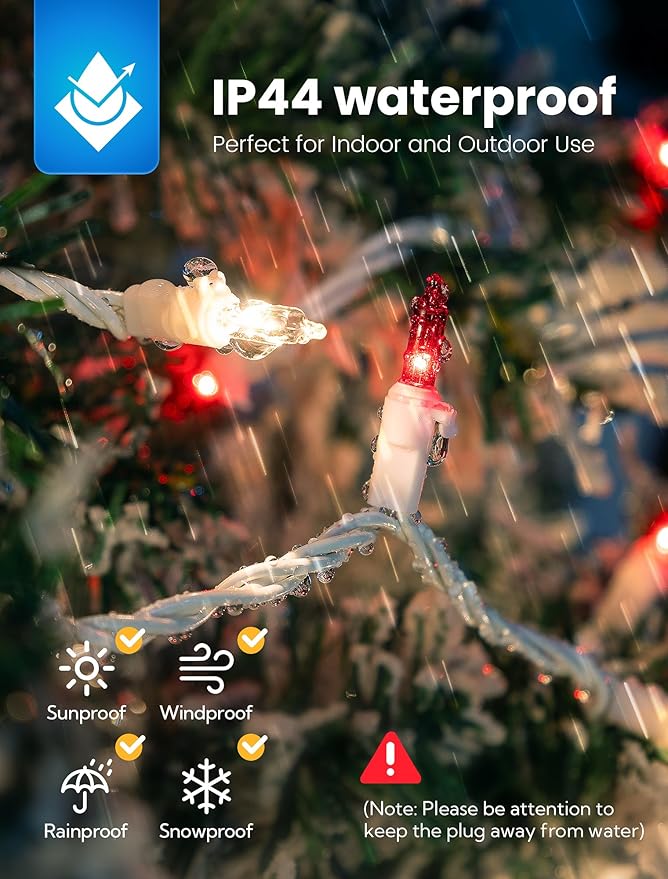 Hopolon Christmas Mini Lights, 2 Pack 13 FT 50 Count Plug in Christmas Tree Lights, 120V Waterproof Connectable White Wire String Light Set for Indoor Outdoor Valentines Day Wedding Decor Red & Clear