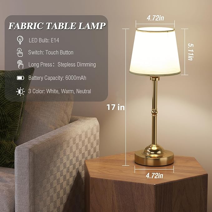 2 Pack Cordless Table Lamps, 3 Colors Stepless Dimming Fabric Desk Lamp, 6000mAh Rechargeable Battery LED Desk Lamp, Touch Night Light for Bedroom, Dining, Desk, Cafe