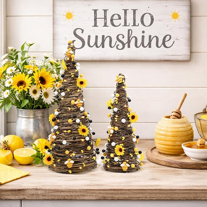CRCZK Bee Rattan Table Trees with LEDs, Spring Summer Decorations for Home Rustic Farmhouse Bumble Bee Table Centerpiece Decor with Sunflowers Honey&Berries, Bees Kitchen Table Decor