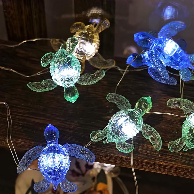 Bartlett Beach Solar Lights Decorative Outdoor Waterproof Ocean Décor Nautical Cute Sea Turtles Balcony Lights 40LED 14ft for Tiki Bar Garden Yard Patio Fence Window Fountain Decoration