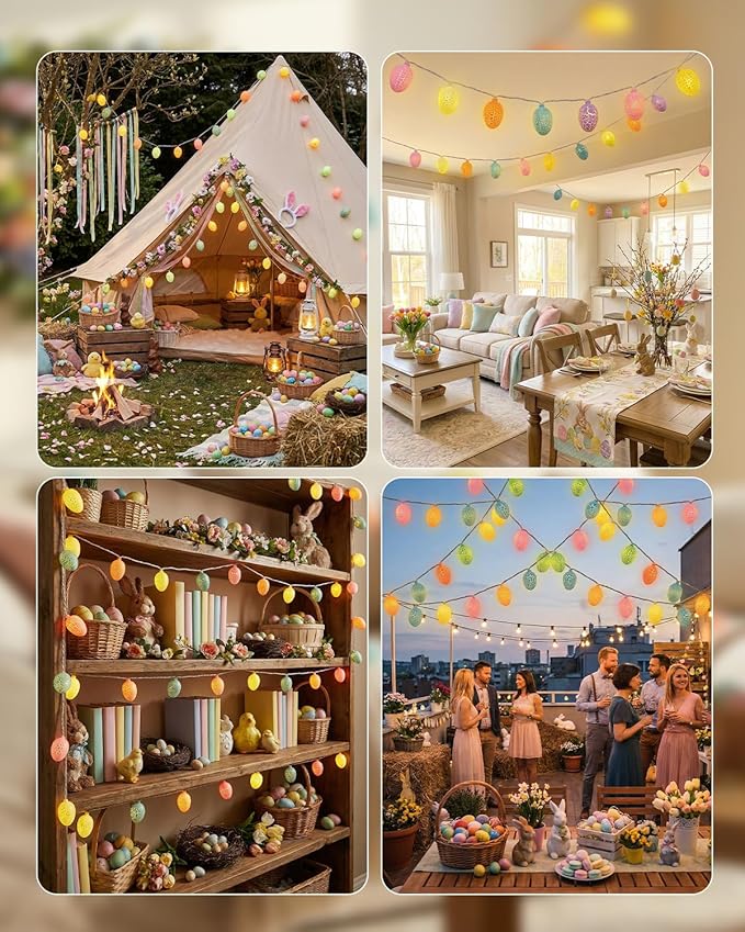 SUNSGNE Easter Egg String Lights for Outdoor Indoor Easter Decorations, 8.5ft Cracked Egg Lights String with 10 Multicolor Bulbs for Garland Tree Garden Yard Fence Patio Balcony Party Decor