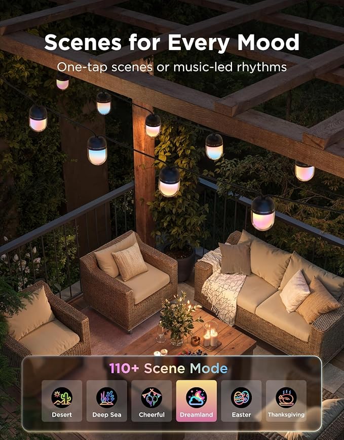 Govee Outdoor Chromatic String Lights, 65.6ft RGBIC Outdoor Lights with 55 Uni-IC Control LED Bulbs, 111+ Scene Modes, IP67 Waterproof, String lights compatible with Alexa, Google, Matter, App Control