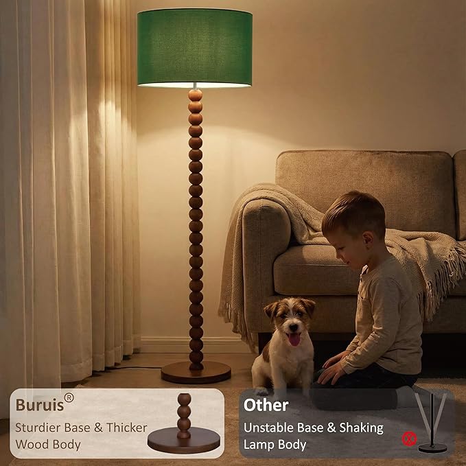 Buruis 61" Beaded Wood Floor Lamp with 17.2" Large Linen Shade, UL Listed, Retro Mid-Century Accent Walnut Finish Standing Lamp for Living Room, Bedroom, Office, Corner, Green