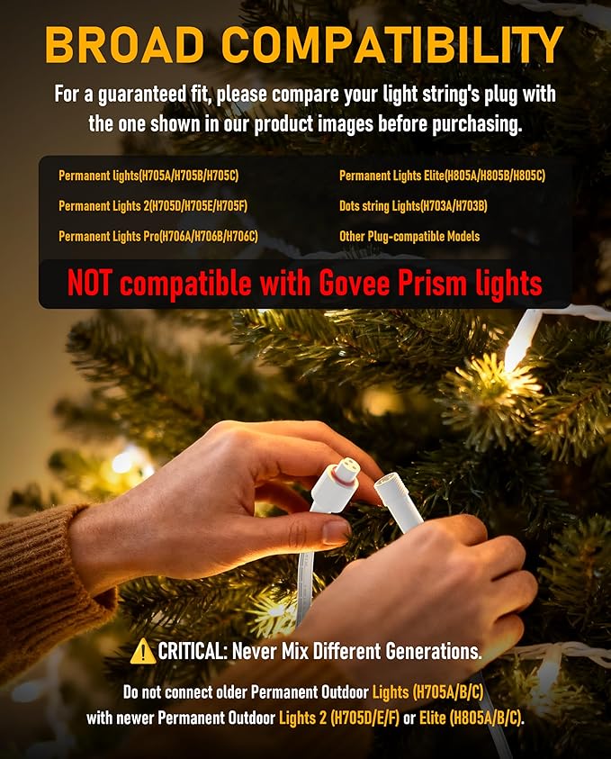 Y-Splitter for Govee Permanent Outdoor Lights, Waterproof Y-Connector Extension Cord Compatible with Govee 3Pin H705A/B/C, Expand Holiday Lighting for Christmas, New Year, Roof, 1 Male to 2 Female