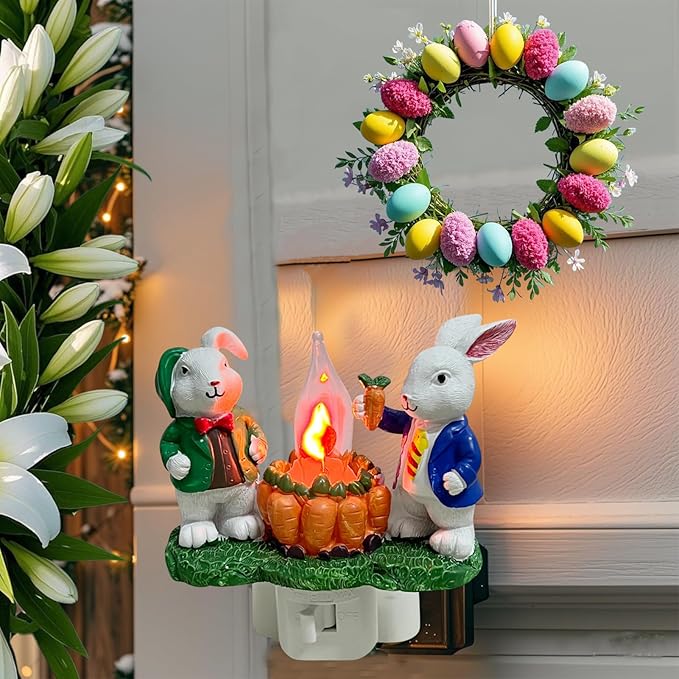 2026 Easter Bunny Decoration Night Light Plug in for Home, Campfire Flickering Nightlight, 3D Rabbit Night Lights Plug into Wall, Spring Home Décor, Valentine's Day Gifts for Boys Girls