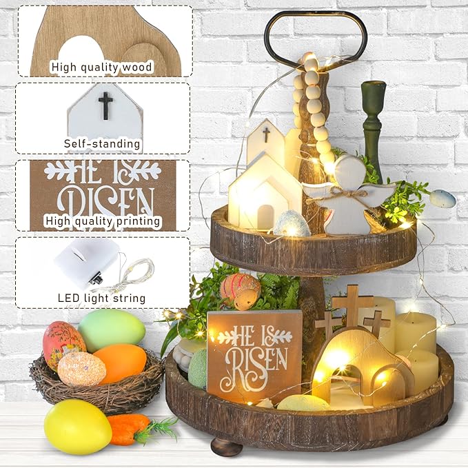 Glenmal 4 Pcs Easter Tiered Tray Decor He is Risen Religious Tiered Tray Decorations Wooden Easter Jesus Sign with LED Fairy Lights for Farmhouse Home Church Table Christian Catholic Cross Gifts