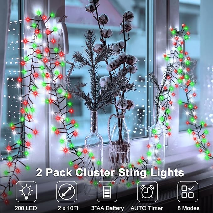 2 Pack Christmas Lights Red White Green, Total 20Ft 400 LED String Lights with Timer 8 Modes Cluster Firecracker Light for Tree Room Garden Outdoor Decor