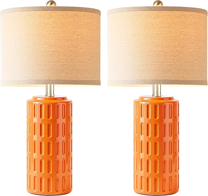 PARTPHONER 23" Farmhouse Modern Ceramic Table Lamp Set of 2 - Orange Bedside Lamps for Bedroom & Living Room, Nightstand, Desk, End Table