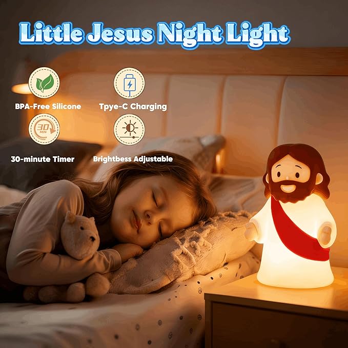 Little Jesus Night Light Mini Jesus Silicone Lamp Dimmable Nursery Nightlight for Kids Rechargeable Bedside Touch Lamp Perfect for Christmas, Easter and Baptism Gifts (Red)