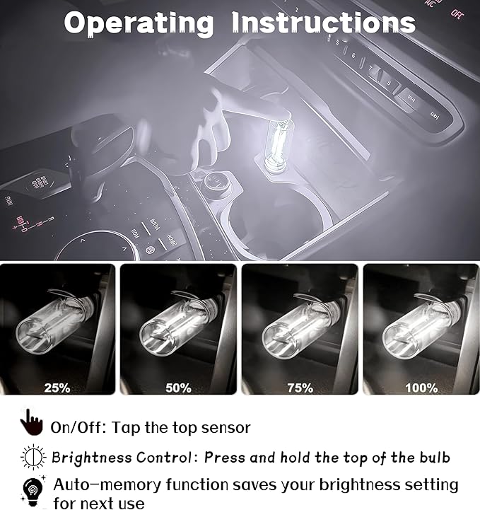 LED Car Interior Light, Touch Control USB Night Lamp, Retro Style Ambient Lighting for Auto, Bedroom, Desk (White Light)