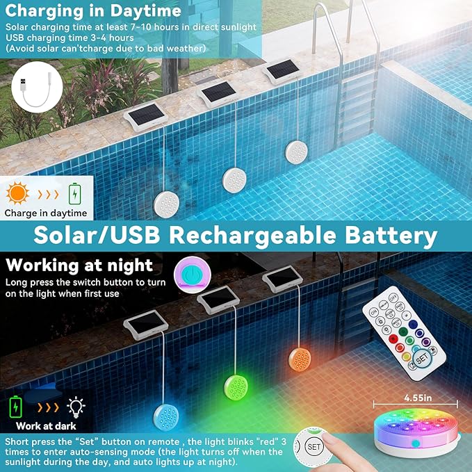 Upgraded Solar Powered USB Rechargeable Submersible LED Lights 2-in-1, 4.55 Inch IP68 Waterproof Pool Light 22 Colors with Remote Magnet Solar Pool Lights for Inground Pools, Pond 4 Pack