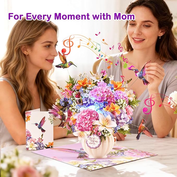 Pop Up Mothers Day Card with Music & Lights, 3D Pull-Out Flying Hummingbird Flower Bouquet Greeting Card, Elegant Floral Mom Keepsake Gift with Envelope for Mother Wife from Son Daughter Husband