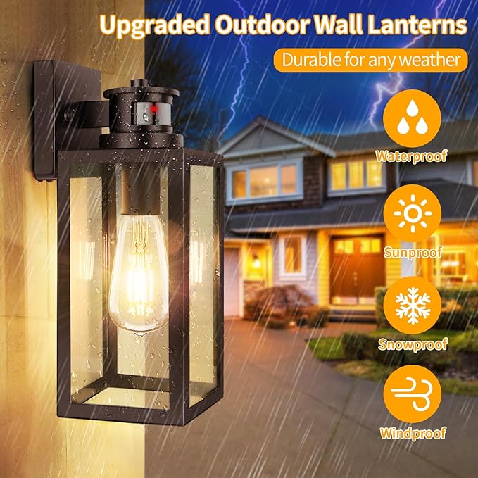 TOBUSA 2-Pack Motion Sensor Outdoor Wall Lights, Waterproof Dusk to Dawn Exterior Wall Light Fixtures, Modern Brown Outside Porch Lights for House Garage, Motion Sensor Wall Lanterns with Clear Glass