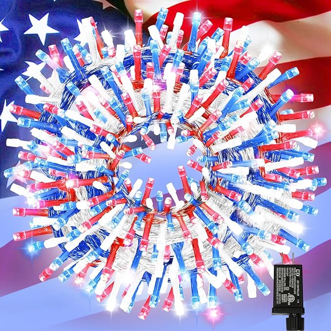 LAMPHOME 99ft 300LED Red White and Blue Patriotic String Lights, 16 Modes Red White Blue LED Lights Plug in, 4th of July Lights Outdoor for Independence Day Memorial Day Patriotic Window Decor