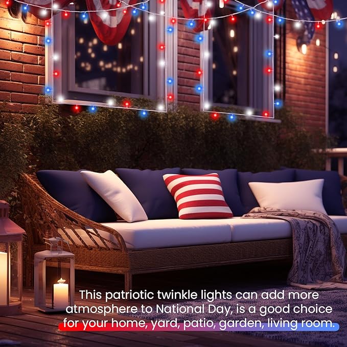 2 Pack Red White and Blue Fairy Lights Battery Operated, 66FT 200LED July 4th Patriotic String Lights with Timer, 8 Modes Waterproof Twinkle Light Indoor Outdoor for Independence Day National Day