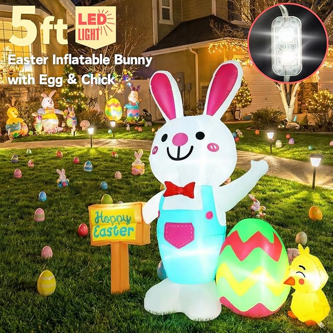 5FT Easter Inflatable Outdoor Decorations Bunny with Egg & Chick Blow Up Yard Ornament with Soft LED Illumination Stable Blower & Fixing Kit for Spring Lawn Decor Garden Holiday Party Display