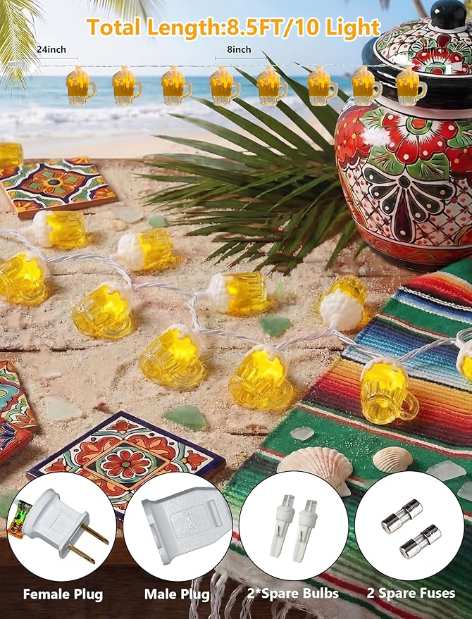 LED Beer Mug String Lights for Patrick's Day, 8.5Ft Tropical Beach Theme Fairy Lights Plug in with 10 3D Beer Cup Bulbs, Summer Hawaiian Outdoor Decor for Camping Tent Holiday Party Garden
