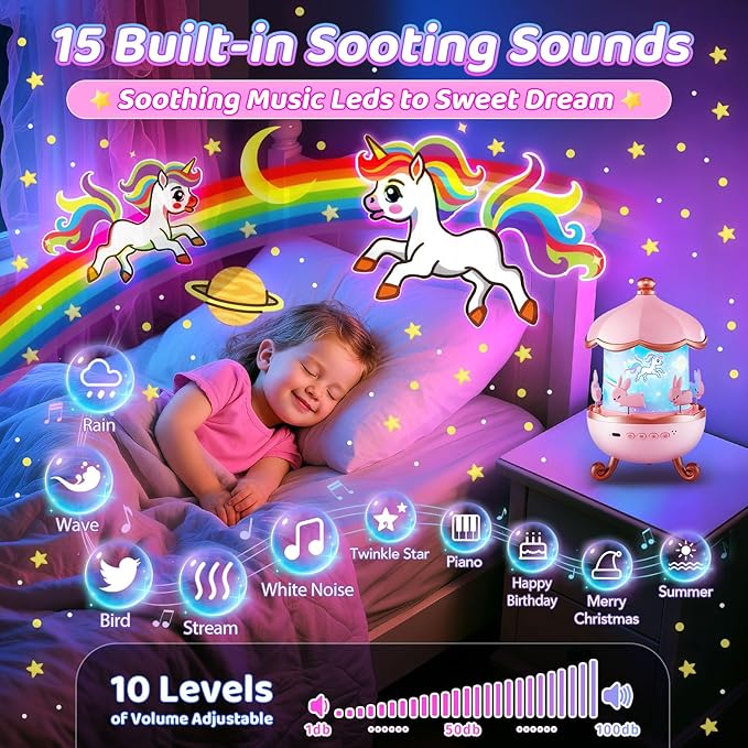One Fire Night Light Projector for Kids,315 Lighting+15 Films+15 Music Sound Machine Baby, 360°Rotate+Remote+Dimmable Ceiling Star Projector for Kids Room Decor,Unicorn Toys Birthday Gifts for Girls